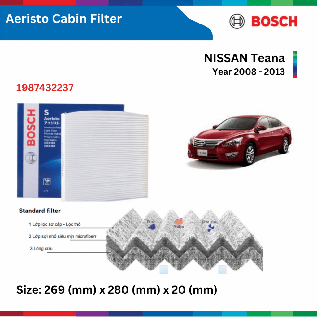 Lọc gió điều hòa BOSCH Aeristo 1987432237, NISSAN Teana đời xe 2009 đến 2014, lọc gió máy lạnh Teana
