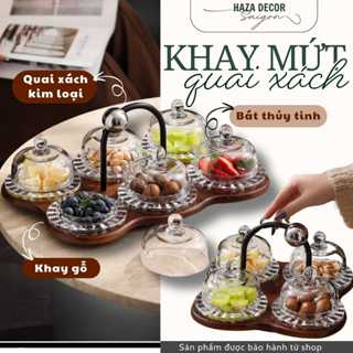 (SẴN) Bộ hũ đựng bánh kẹo trái cây mứt tết thủy tinh khay gỗ để bàn gia đình, Đĩa đựng đồ ăn
