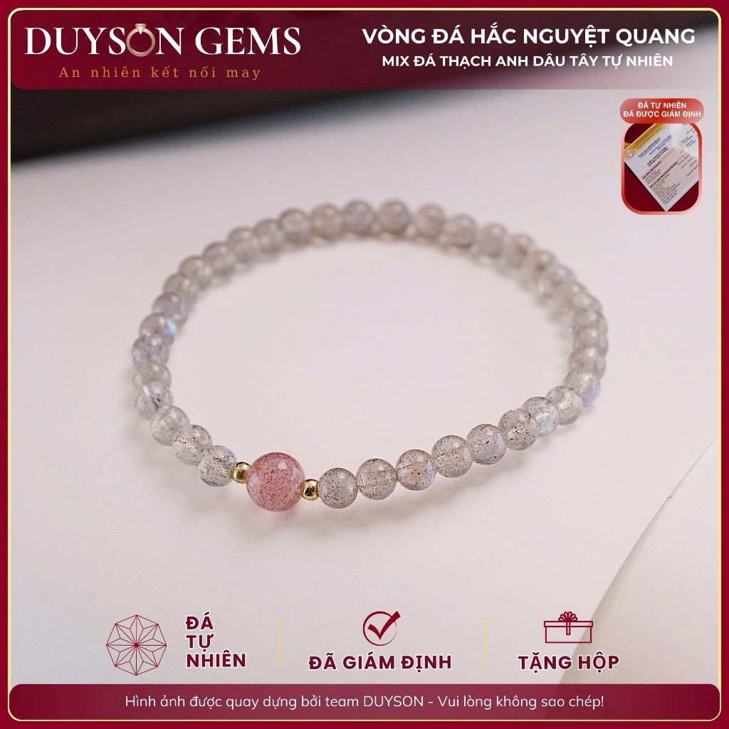 Vòng tay chuỗi đá Hắc nguyệt quang mix Thạch anh dâu hồng tự nhiên Duyson Gems
