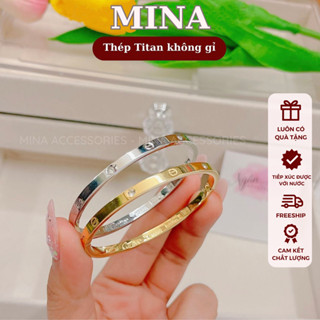 Vòng tay CATI LOVE titan không đen không gỉ, trắng & vàng bản mảnh 4ly, bản dày 6ly, đính đá xen kẽ trang sức MINA Acc