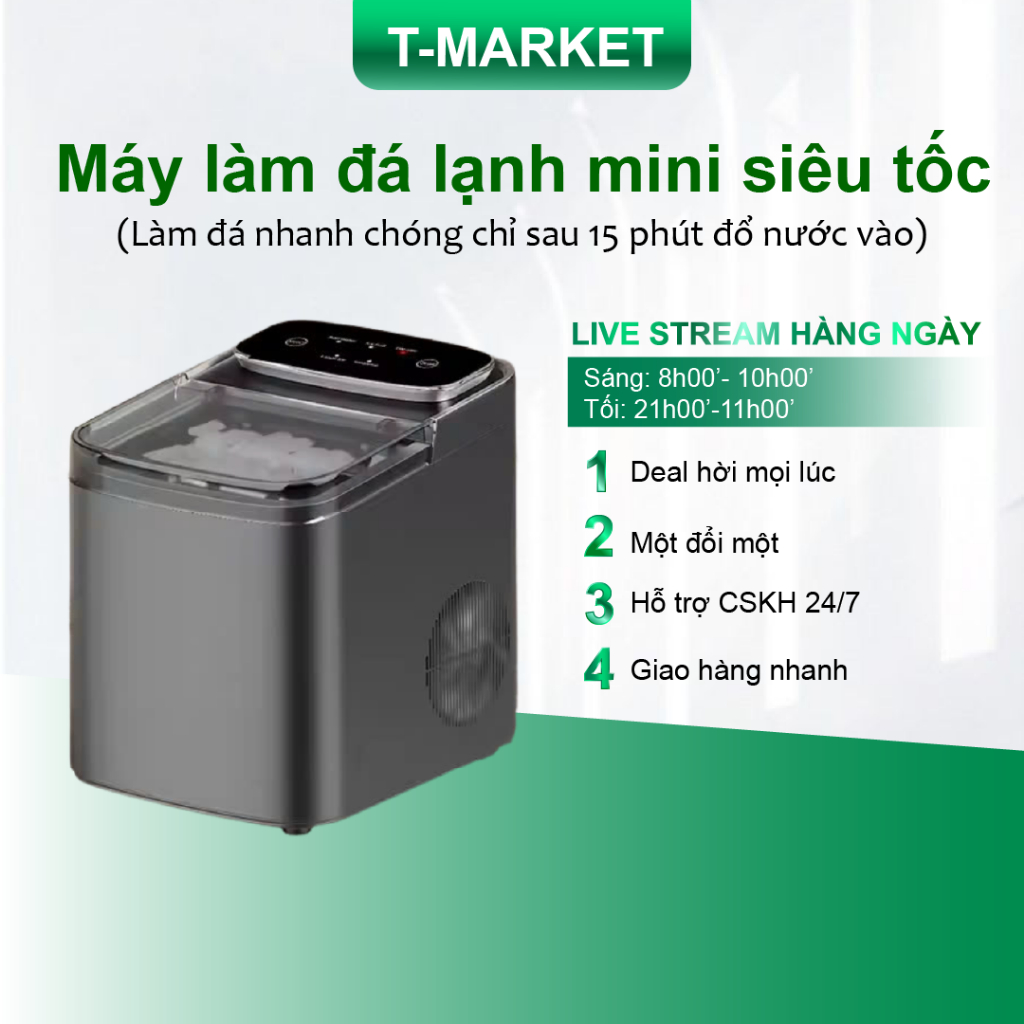 Máy Làm Đá Siêu Tốc Chỉ Sau 15 Phút Dung Tích 1,3L Tối Đa Tới 12kg Đá Mỗi Ngày