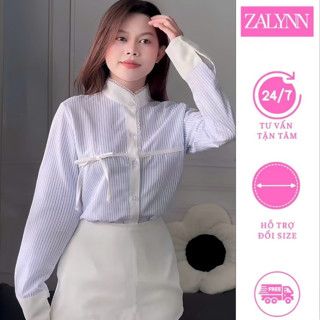 Áo sơ mi nữ kẻ sọc mix ren cổ tàu chất thô mềm thanh lịch áo công sở thiết kế thanh lịch - SM36 ZALYNN