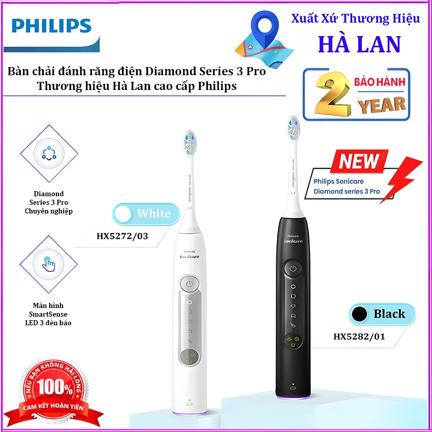 Bàn chải đánh răng điện Diamond Series 3 Pro. Thương hiệu Hà Lan cao cấp Philips HX5272/03 và HX5282