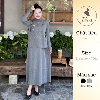  Set váy len bầu thu đông TIRA MAMA M324 Set len gile bèo vai thêu hình Set váy bầu đi chơi xinh 