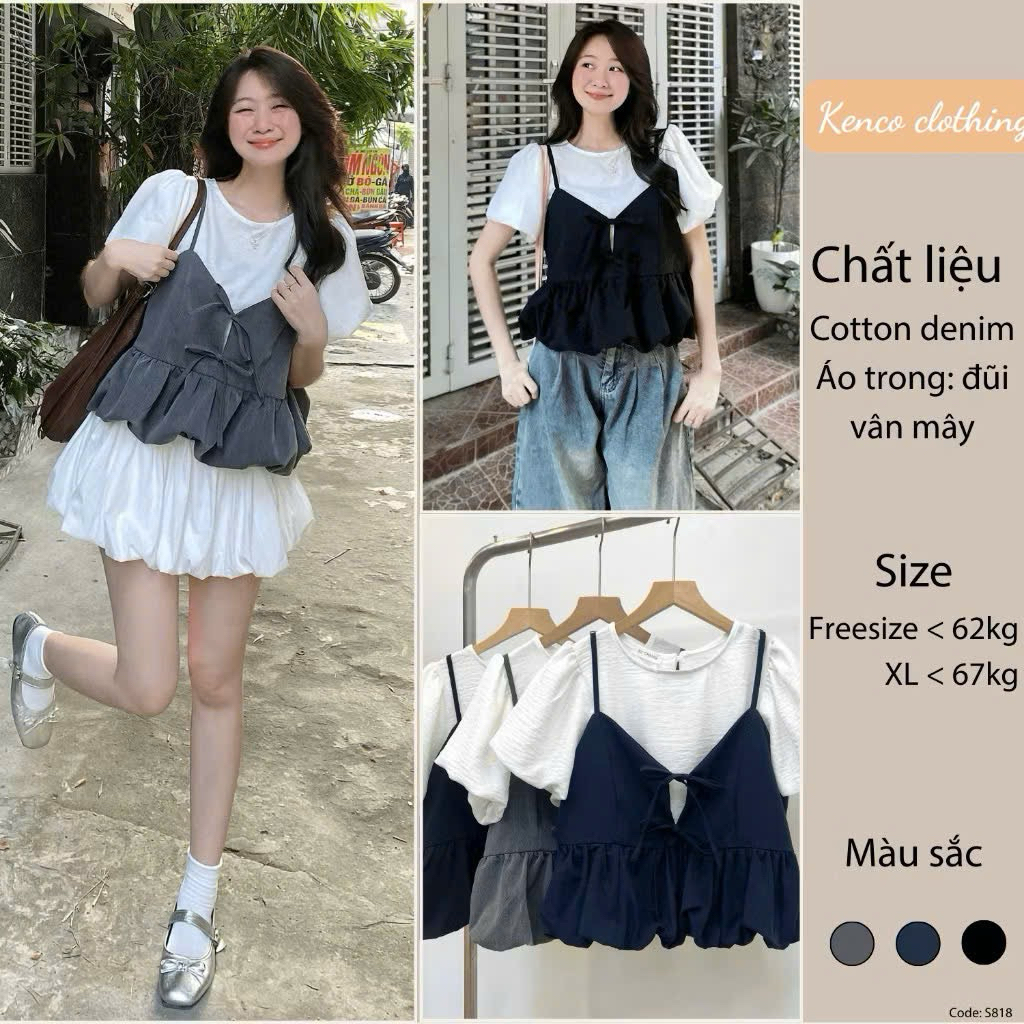 Set Áo Đũi Tay Bồng Kèm Yếm 2 Dây Nơ Trước Phối Dáng Bí (Có Lẻ Áo) S818 Kenco clothing Thời Trang Nữ | BigBuy360 - bigbuy360.vn