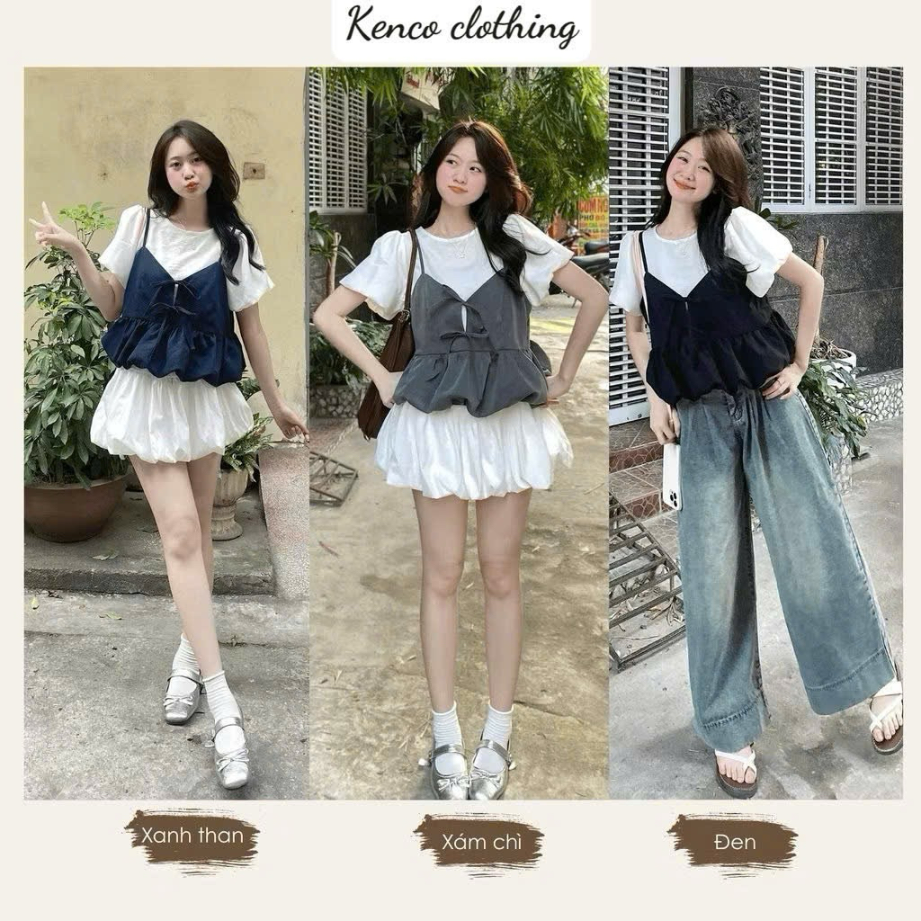 Set Áo Đũi Tay Bồng Kèm Yếm 2 Dây Nơ Trước Phối Dáng Bí (Có Lẻ Áo) S818 Kenco clothing Thời Trang Nữ | BigBuy360 - bigbuy360.vn