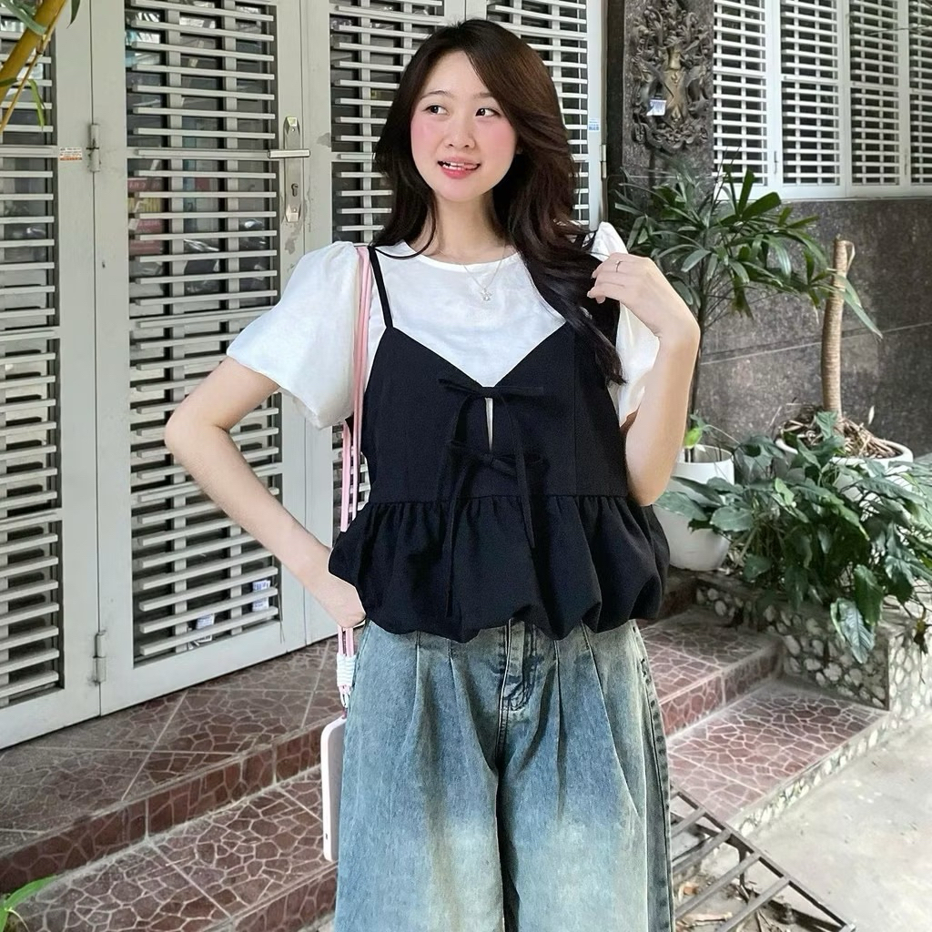 Set Áo Đũi Tay Bồng Kèm Yếm 2 Dây Nơ Trước Phối Dáng Bí (Có Lẻ Áo) S818 Kenco clothing Thời Trang Nữ | BigBuy360 - bigbuy360.vn