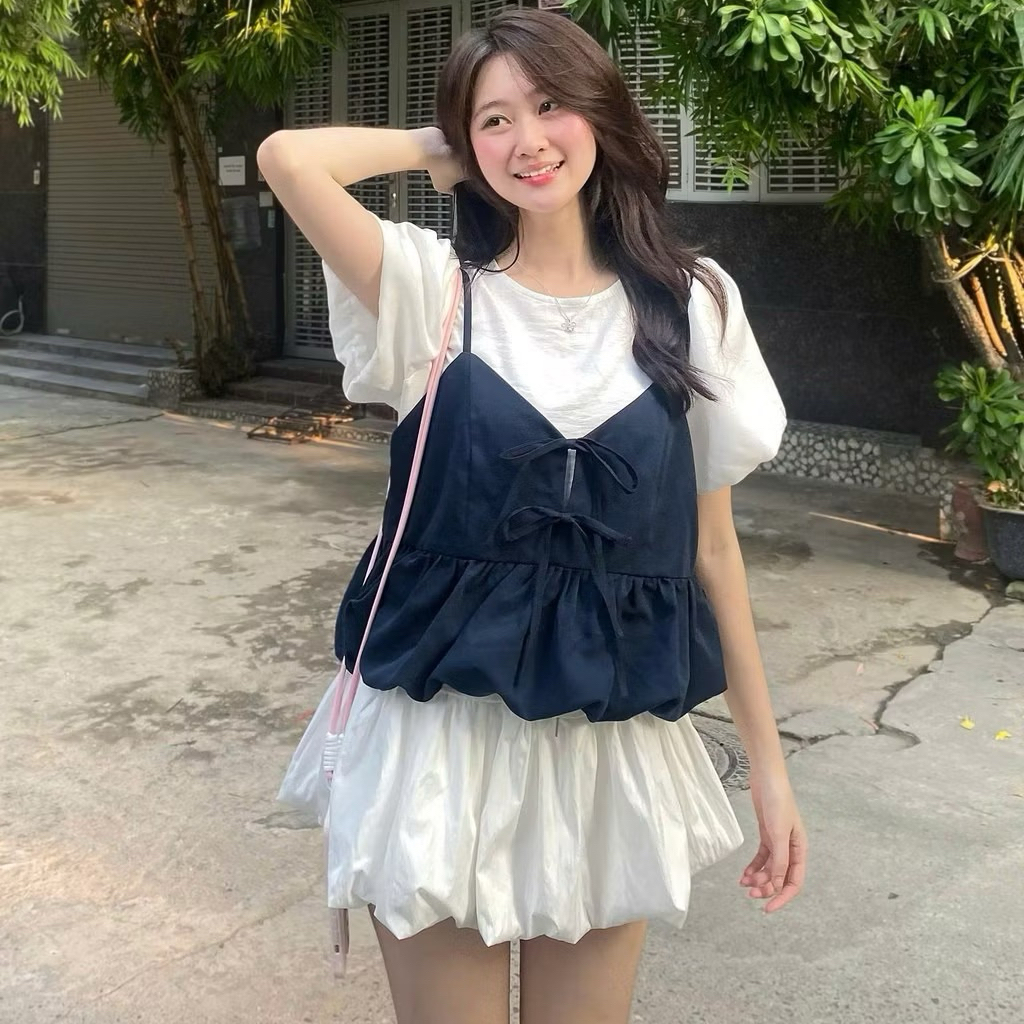 Set Áo Đũi Tay Bồng Kèm Yếm 2 Dây Nơ Trước Phối Dáng Bí (Có Lẻ Áo) S818 Kenco clothing Thời Trang Nữ | BigBuy360 - bigbuy360.vn