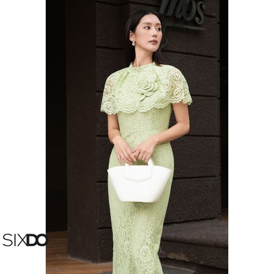 Đầm ren xanh tay chờm SIXDO (Green nuggets Lace Pencil Dress With Flower)