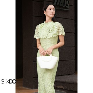  Đầm ren xanh tay chờm SIXDO  Green nuggets Lace Pencil Dress With Flower  