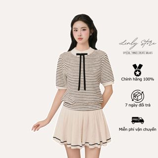 Áo kiểu nữ kẻ thiết kế cổ sen kèm nơ, áo thun len phối cổ đính cúc sau tiểu thư Linly Store A-AT12