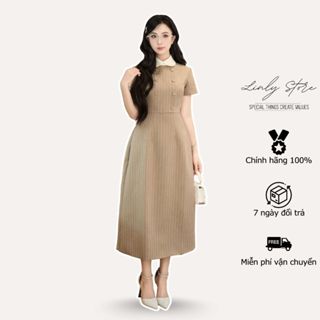 Váy liền thân kẻ thiết kế cổ sen dáng dài, đầm kiểu nữ phối cúc chiết eo tiểu thư Linly Store V-VD12