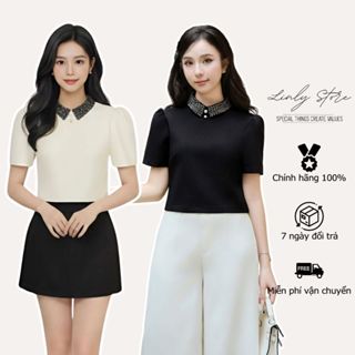  -- XH --Áo kiểu nữ thiết kế dáng lửng phối cổ cườm áo tay bồng croptop đính ngọc tiểu thư Linly Store A-PC9 