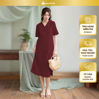 SWANLAKE | Váy Đầm Nữ Midi Suông Cổ Tim Vải Linen Đính Nút Cài Hạt Gỗ Hoa 3D Có Túi Công Sở D12419