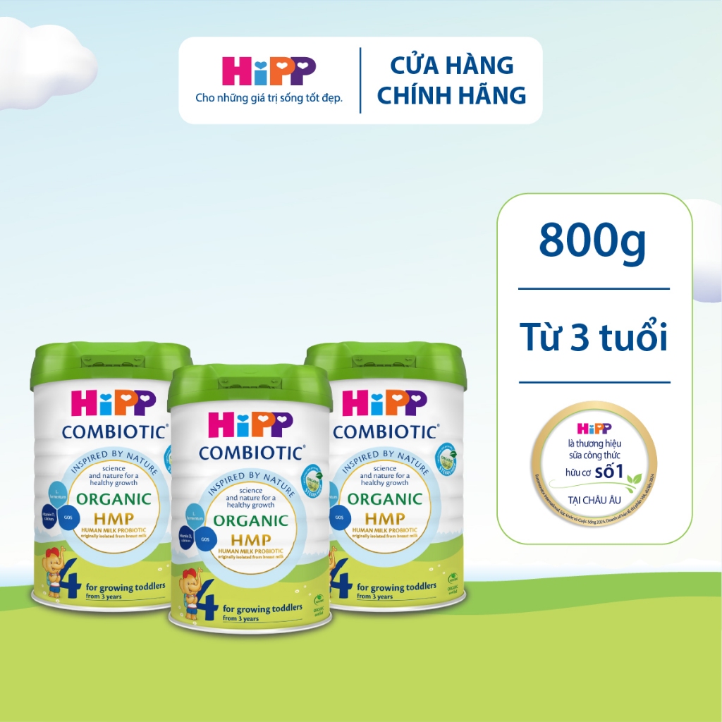 Combo 3 lon Sữa bột công thức HiPP 4 Organic Combiotic 800g Dành cho trẻ từ 3 tuổi