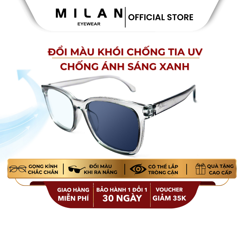 Gọng Kính Vuông MILAN EYEWEAR Đổi Màu Chống Ánh Sáng Xanh Có Thể Lắp Cận Loạn MI80