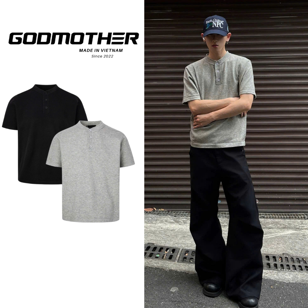 Áo Thun Cổ Trụ GODMOTHER Áo Thun Trơn Phối Cúc Basic Áo Phông Cộc Tay Cổ Henry Phong Cách Lười Cổ Đi