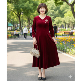 Đầm nhung trung niên sang trọng tay áo dài cổ tim che khuyết điểm cực tốt, Đầm trung niên cao cấp