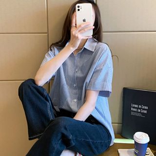 Áo Sơ Mi Kẻ Sọc Kiểu Nữ Đậu Bigsize Tay Ngắn Phom Rộng Năng Động Đi Học Công Sở SM184