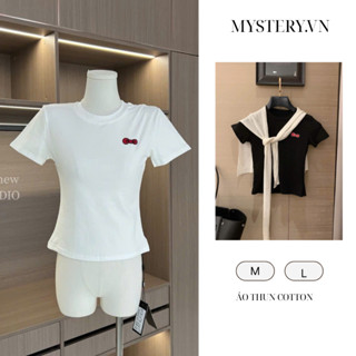 Áo thun ôm body cotton trơn hoạ tiết nơ thêu trắng đen