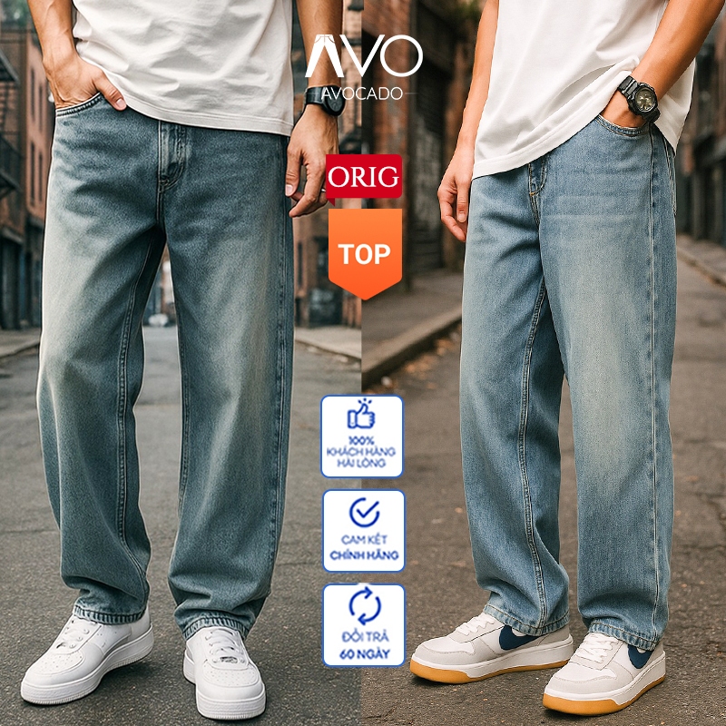 Quần jean bò baggy nam Xanh RETRO Avocado ống rộng xuông cạp cao nam dáng suông xu hướng