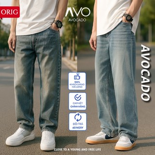 Quần Bò jean baggy nam Xanh Đen Wash vàng RETRO ống rộng xuông cạp cao Quần bò nam dáng suông xu hướng Avocado