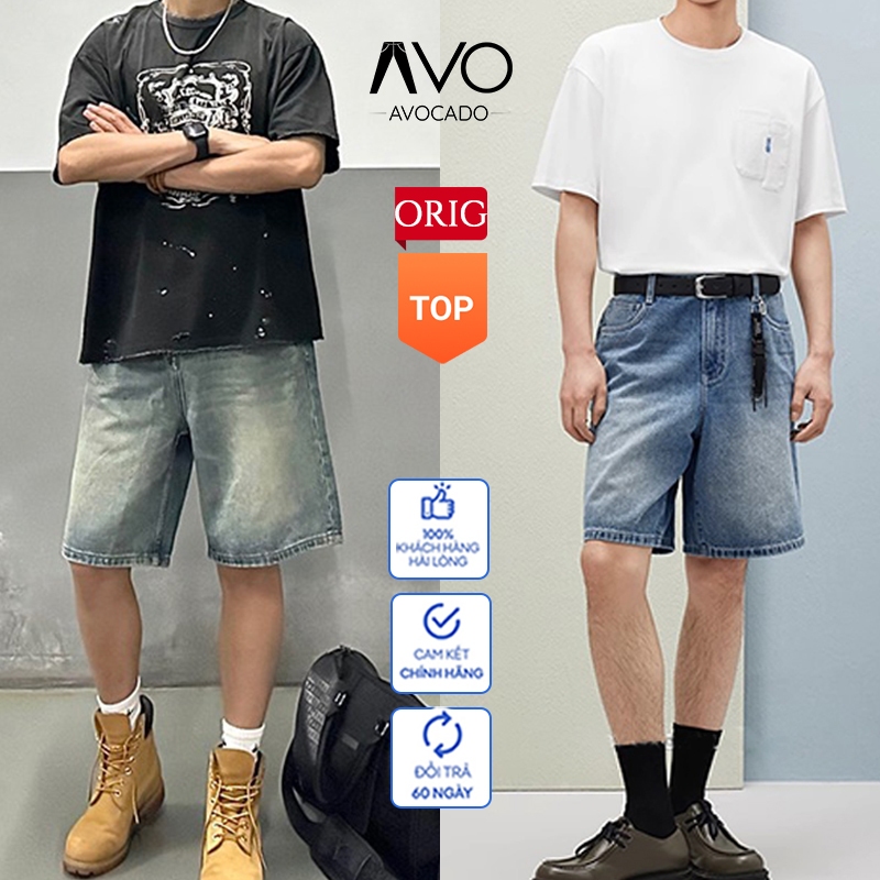 Quần Short đùi Bò Jean Nam Avocado Trắng Đen Retro Wash Co Giãn form TRÊN GỐI