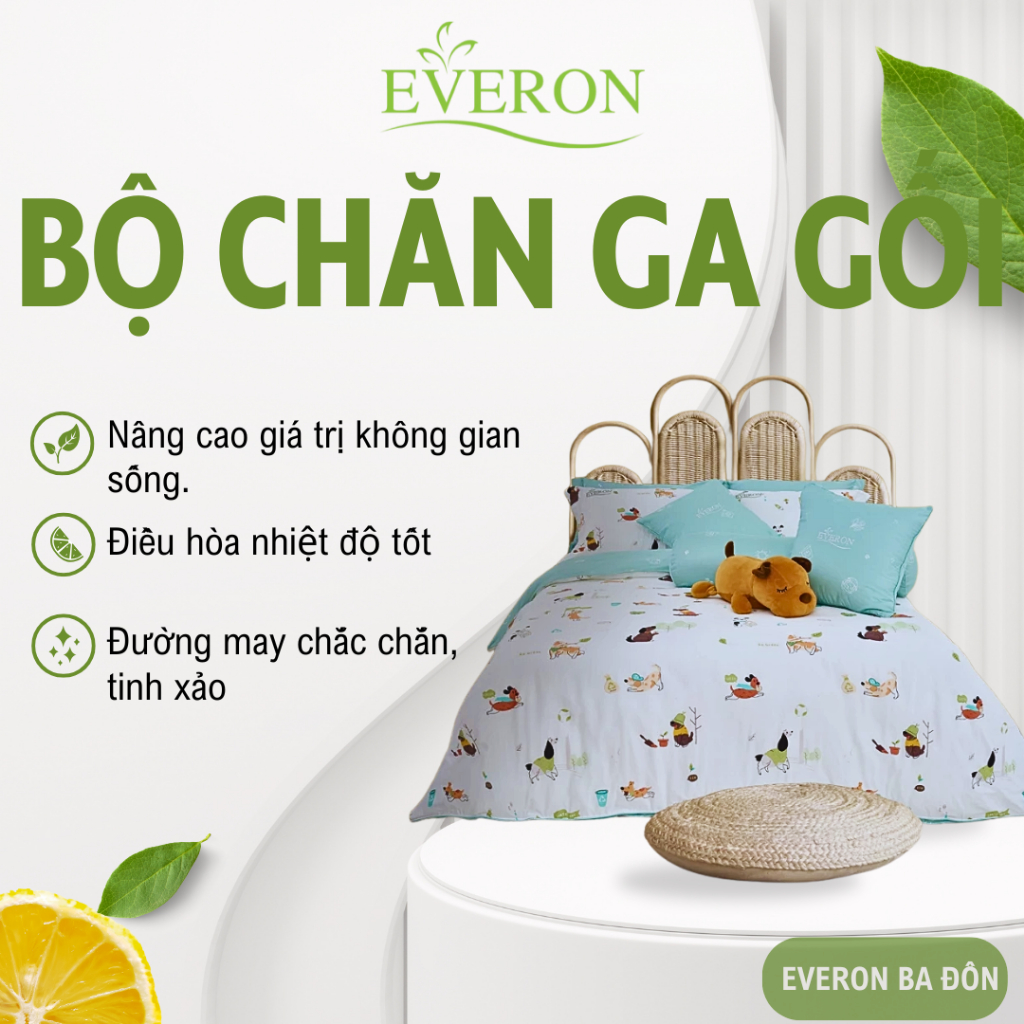 Bộ chăn ga gối Everon Cún Nhỏ Thân Thiện CPC25201 – Cotton cao cấp, họa tiết sinh động
