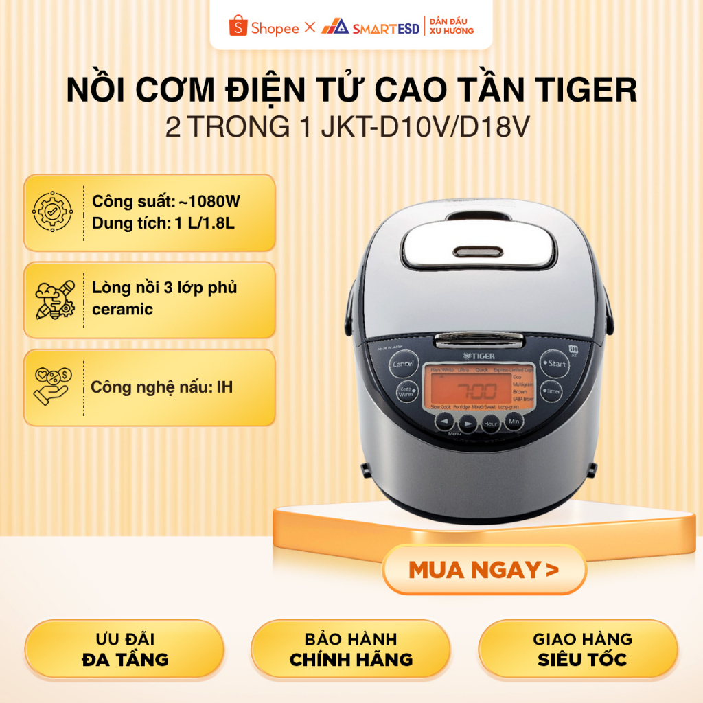 Nồi Cơm Điện Tử Cao Tần Tiger 2 Trong 1 JKT-D10V (1L)/D18V (1.8L) - Bảo hành 12 tháng