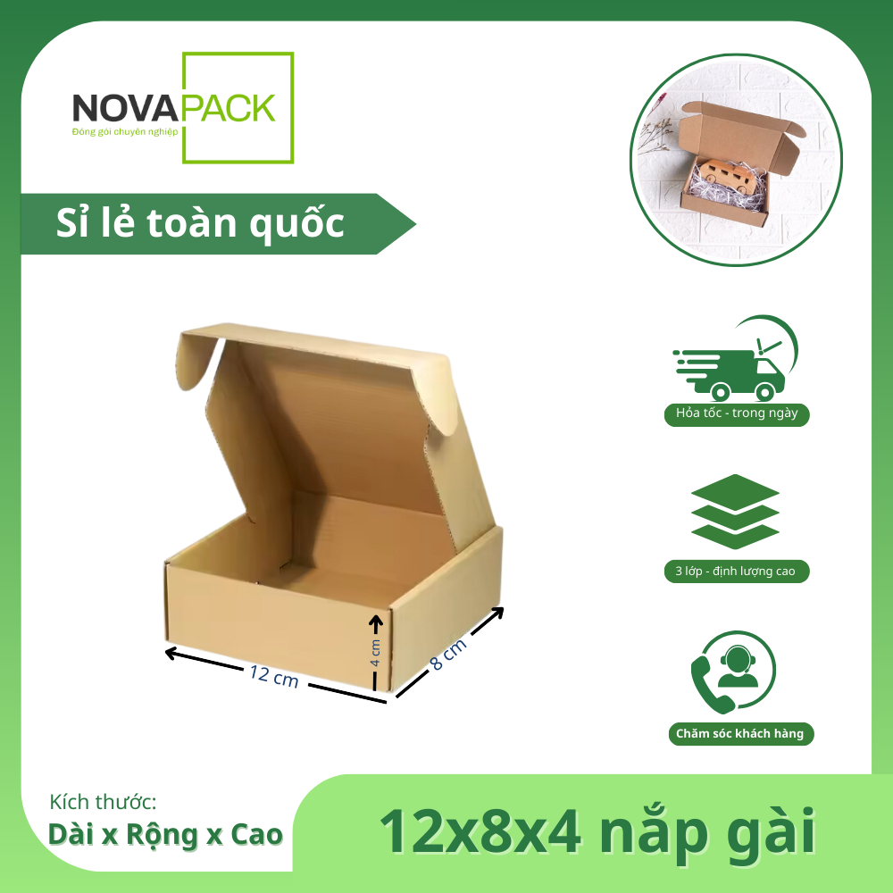 12x8x4 Combo 10 Hộp nắp gài pizza, hộp giấy nắp cài gói hàng phụ kiện quà tặng- Nova pack