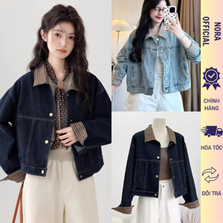  Áo Khoác Jean Nữ Croptop Phối Cổ Và Tay Kẻ Caro Nâu Áo Khoác Bò Dáng Ngắn Form Rộng Nora 