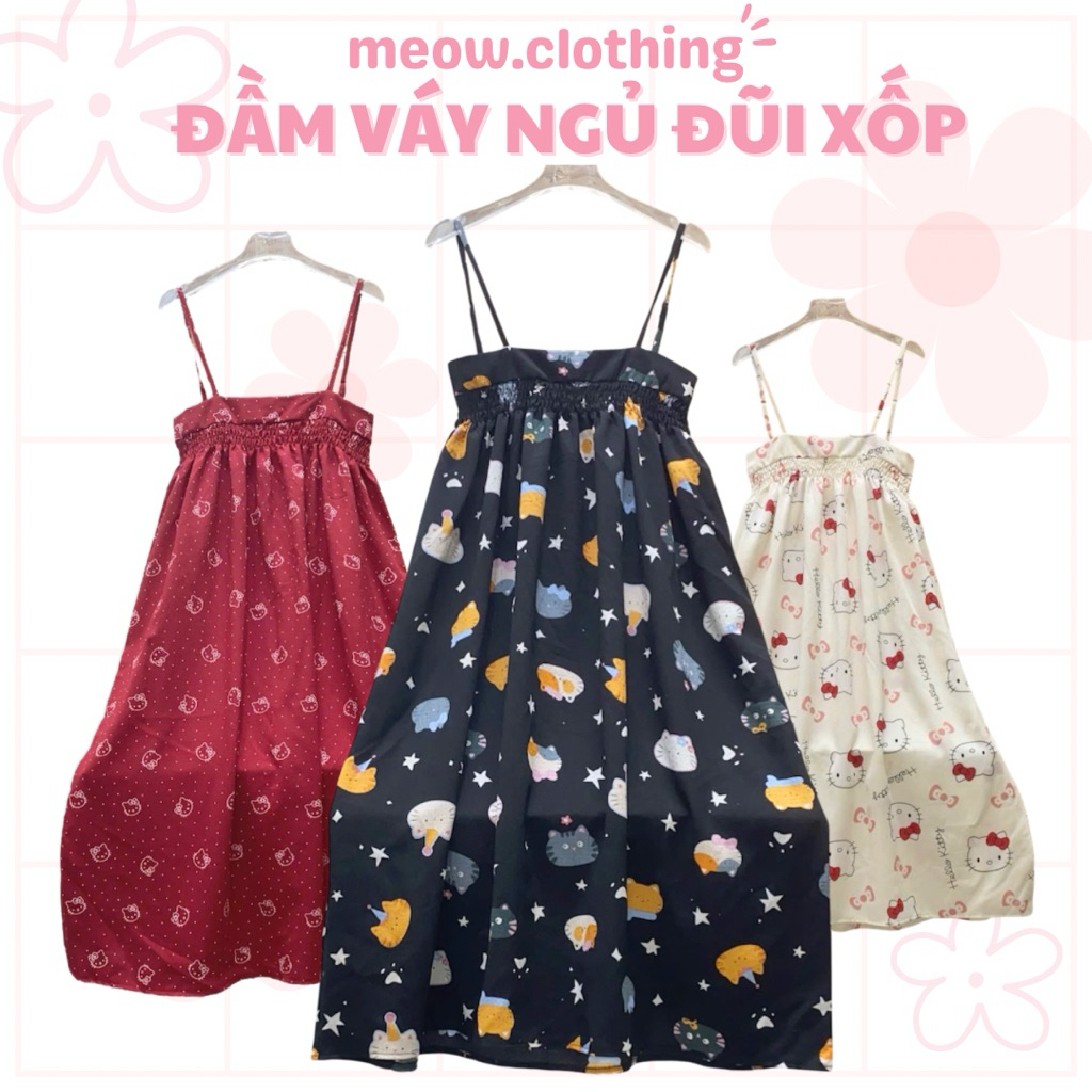 Đầm Ngủ, Váy Ngủ Mặc Nhà 2 Dây Bèo Đũi Xốp Form Rộng Xinh Xắn