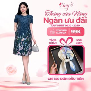 Đầm Suông Công Sở EMY EM9683 Vải Tafta Cao Cấp Hoạ Tiết Hoa Thanh Lịch Tay Ngắn