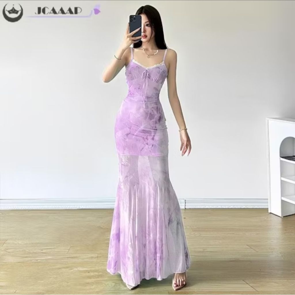 Váy đầm 2 dây ôm body đuôi cá viền ren dáng maxi dài màu tím