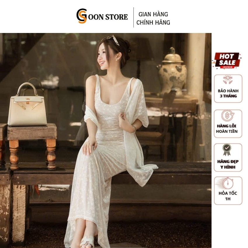 Váy body ren hoa nhí tanktop kèm khăn choàng sang chảnh tôn dáng Goon Store