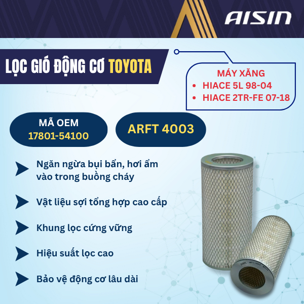 Lọc gió động cơ Toyota Hiace máy xăng : Hiace 5L 1998->2004 , Hiace 2TR-FE 2007->2018. ARFT 4003