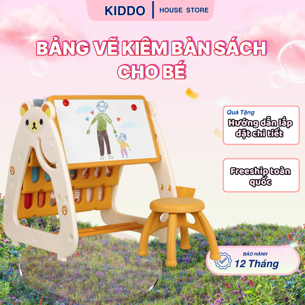 Bảng Vẽ Kiêm Giá Sách KIDDO, Bàn Học Kèm Ghế Ngồi Cho Bé