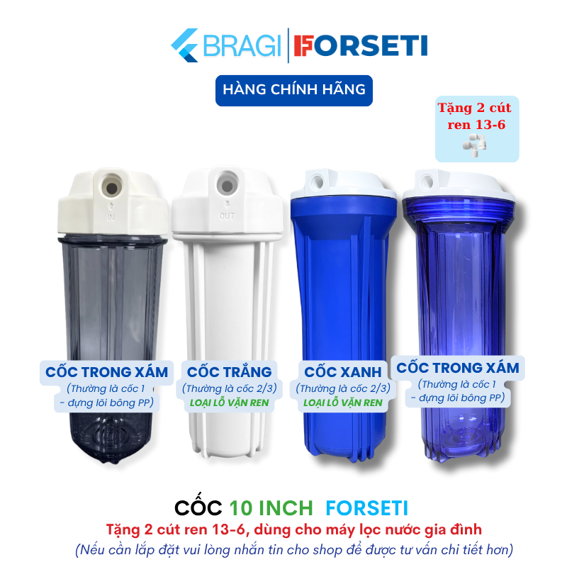 (TẶNG CÚT) Cốc Lọc 10Inch màu trắng Trong Hoặc Đục Ren 13 Hoặc 21 Thay thế cho Máy Lọc Nước R.O...