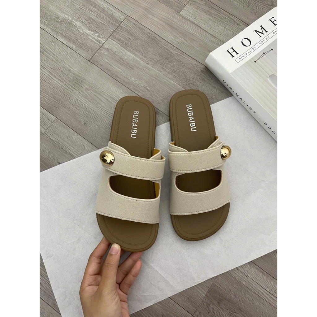 Dép nữ quai ngang cao 3cm da lộn , phối khoá vàng phong cách trẻ trung