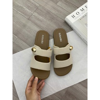 Dép nữ quai ngang cao 3cm da lộn , phối khoá vàng phong cách trẻ trung