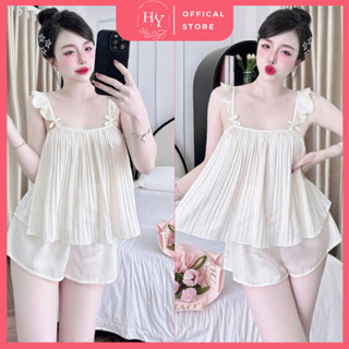  Đồ Ngủ Nữ HEUN YOUNG Bộ 2 Dây Bèo Nơ Xếp Ly Quần Đùi Lụa Latin Mềm Mịn Mặc Nhà Dễ Thương 45-63kg 