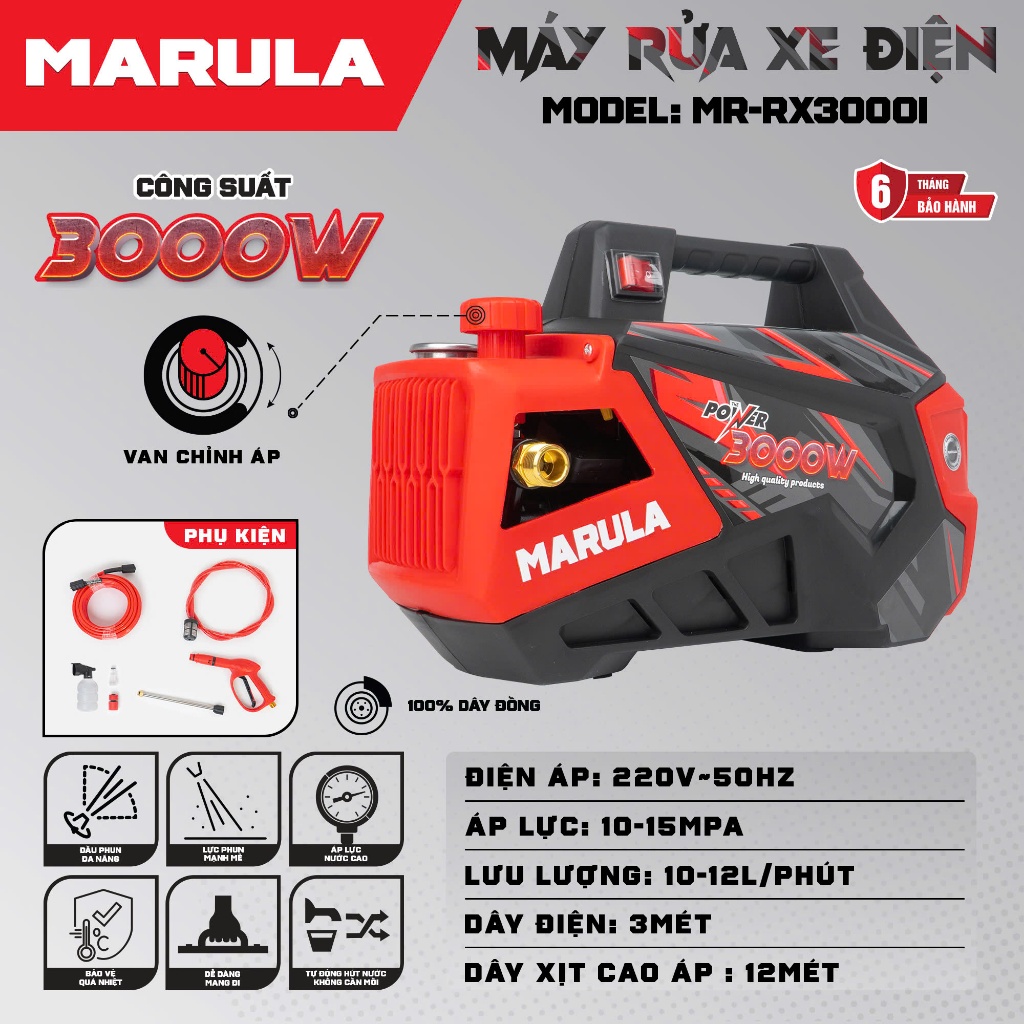 Máy rửa xe áp lực cao đời mới công suất 3000W MARULA MR-RX3000I và OSAKA-RS7 lõi đồng có chỉnh áp