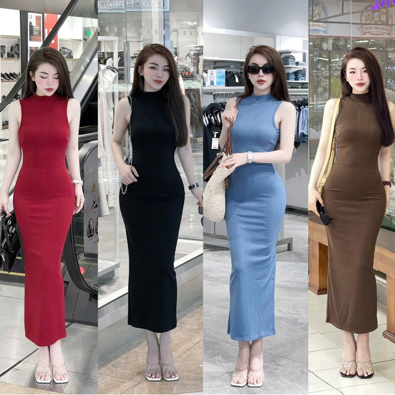 Đầm body sát nách dáng dài, Váy Body vải thun gân Quảng Châu co giãn mát mẽ mùa Hè đi tiệc ANZi Hous