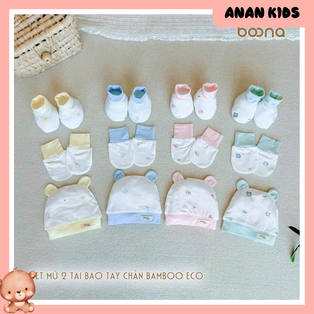 (ECO HT) Set Mũ Tai Gấu Và Bao Tay Bao Chân BOONA Họa Tiết Chất Vải Sợi Tre Bamboo Eco Cao Cấp Mềm M