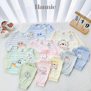 [Hàng đẹp+Form to ] bộ dài tay cài vai Hannie phối kẻ in hình thun lạnh petit cho bé 6-15kg