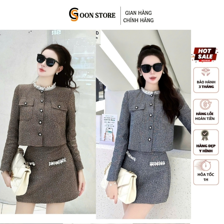 Set dạ tiểu thư sang chảnh cổ đính ngọc bling bling phối chân váy chữ A thu hút Goon Store