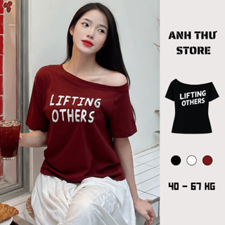 Áo Thun Nữ Lệch Vai Cộc Tay In Chữ Trẻ Trung Chất Cotton Giấy Mềm Mại BigSize, Áo Phông Kiểu Nữ Một Vai 448