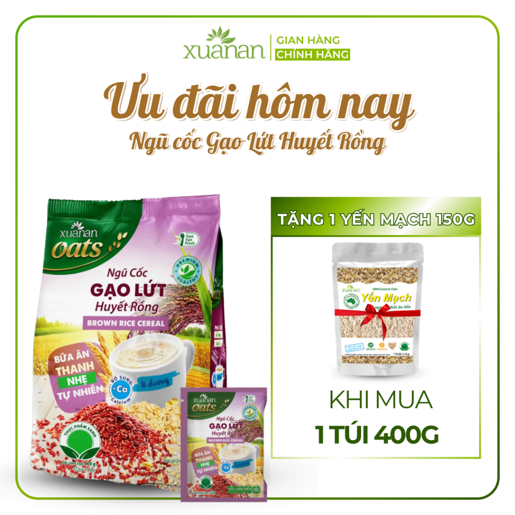  Ngũ Cốc Gạo Lứt Huyết Rồng Xuân An  ít đường  Túi 400G {25g*16 gói} Tặng kèm 1 túi Yến Mạch 150g  