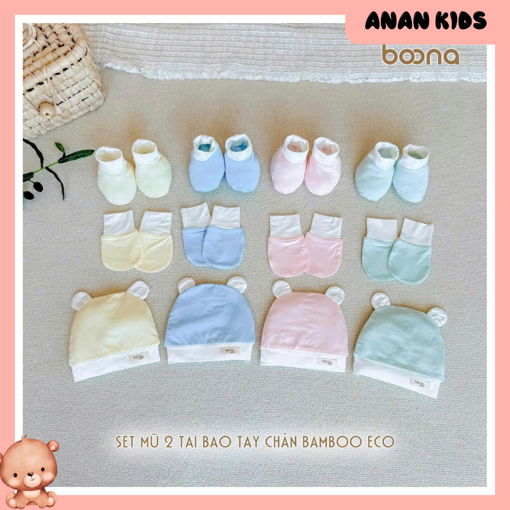 (ECO TRƠN) Set Mũ Tai Gấu Và Bao Tay Bao Chân BOONA Màu Trơn Chất Vải Sợi Tre Bamboo Eco Cao Cấp Mềm