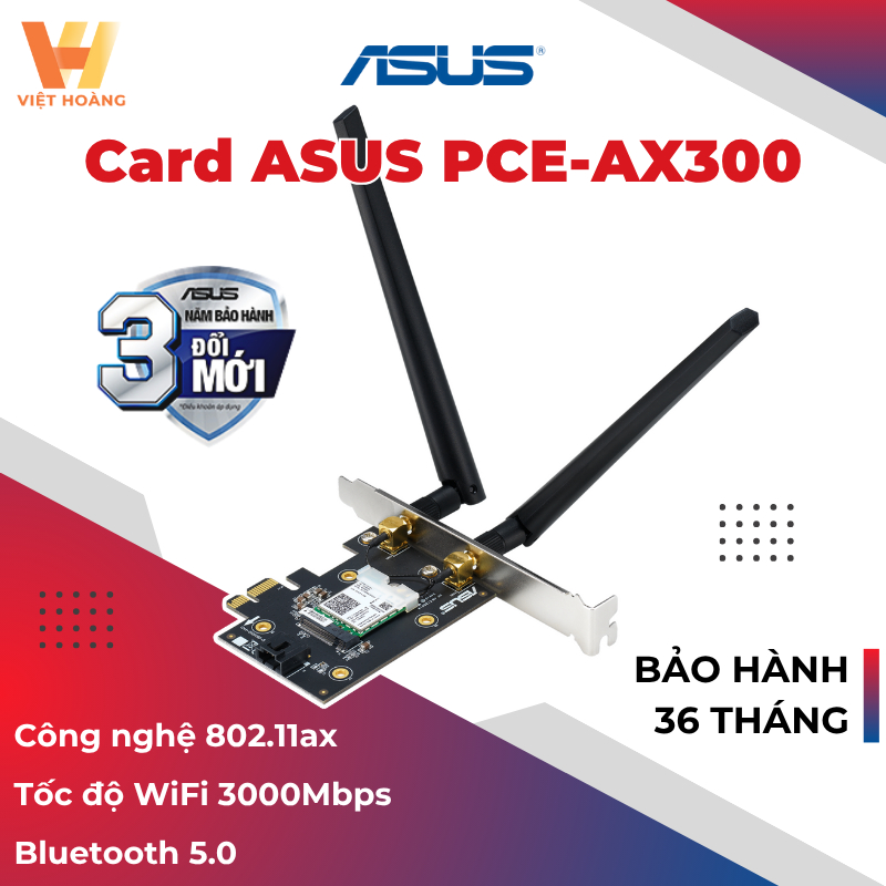 Card mạng ASUS PCE-AX3000, Bluetooth, Chuẩn AX3000 (Tray no box)